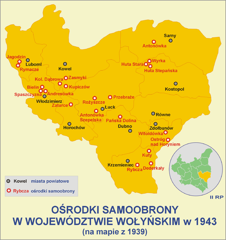 Ośrodki samoobrony w województwie wołyńskim w 1943 (na mapie z 1939)